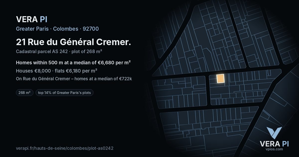 21 Rue du Général Cremer, Colombes at night – the plot lit, the parcels around coloured by the prices near them