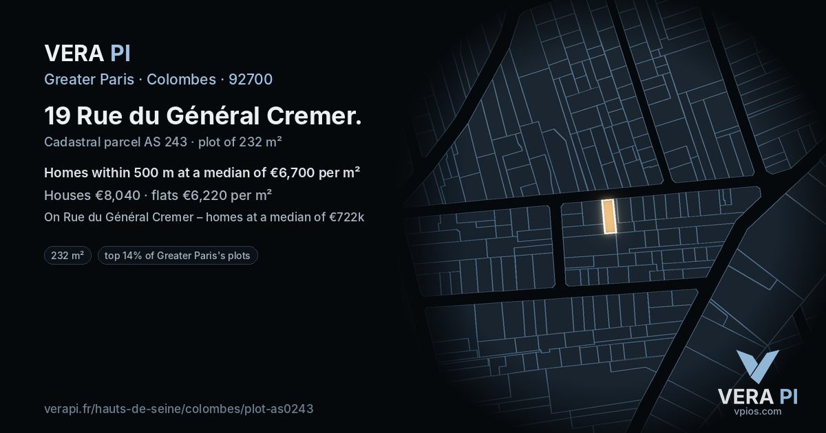 19 Rue du Général Cremer, Colombes at night – the plot lit, the parcels around coloured by the prices near them