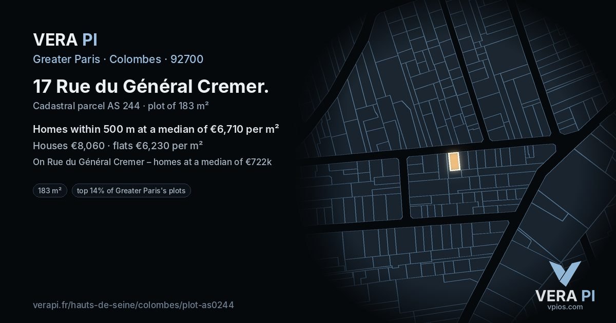 17 Rue du Général Cremer, Colombes at night – the plot lit, the parcels around coloured by the prices near them