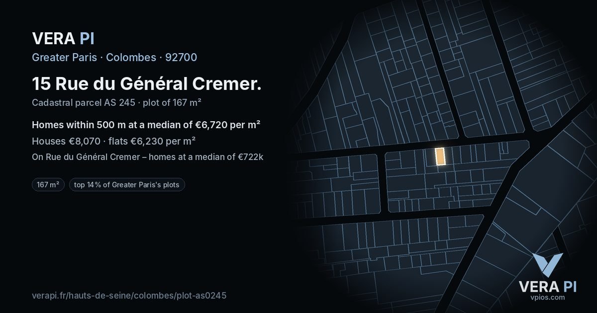 15 Rue du Général Cremer, Colombes at night – the plot lit, the parcels around coloured by the prices near them