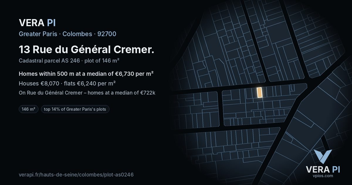 13 Rue du Général Cremer, Colombes at night – the plot lit, the parcels around coloured by the prices near them