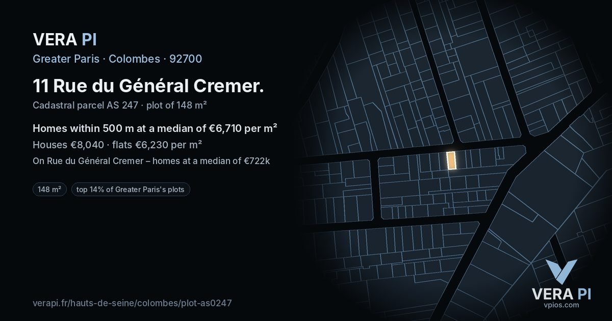 11 Rue du Général Cremer, Colombes at night – the plot lit, the parcels around coloured by the prices near them