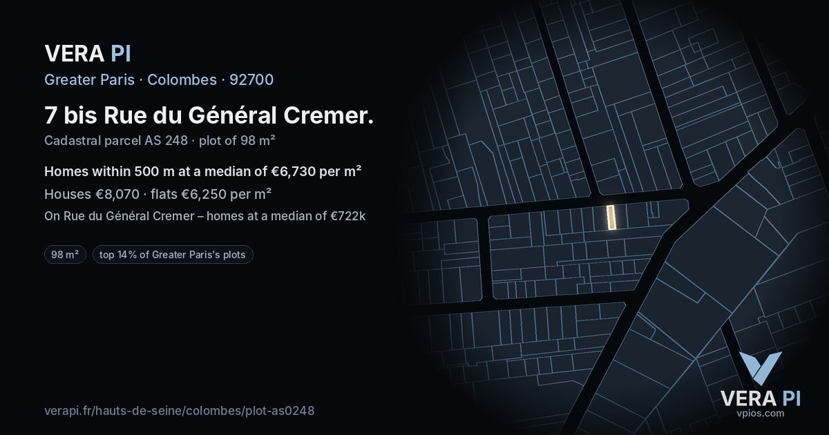 7 bis Rue du Général Cremer, Colombes at night – the plot lit, the parcels around coloured by the prices near them