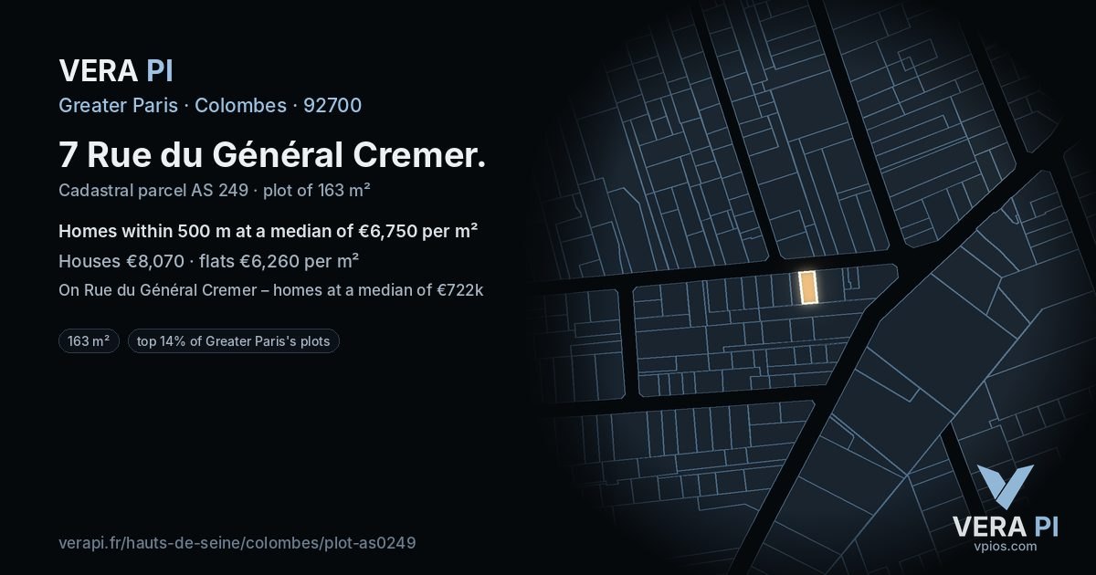 7 Rue du Général Cremer, Colombes at night – the plot lit, the parcels around coloured by the prices near them