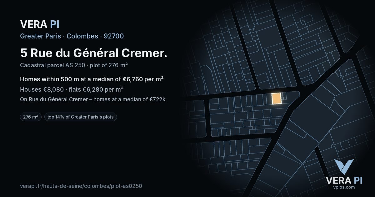 5 Rue du Général Cremer, Colombes at night – the plot lit, the parcels around coloured by the prices near them