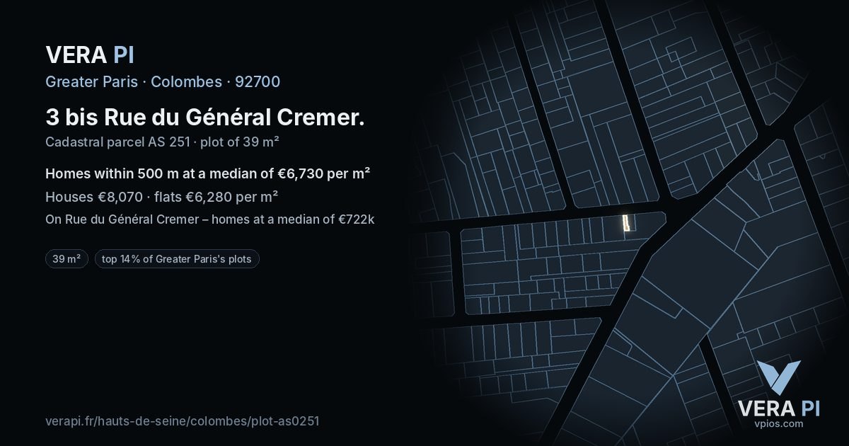 3 bis Rue du Général Cremer, Colombes at night – the plot lit, the parcels around coloured by the prices near them