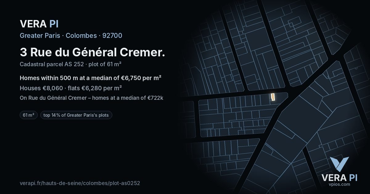 3 Rue du Général Cremer, Colombes at night – the plot lit, the parcels around coloured by the prices near them