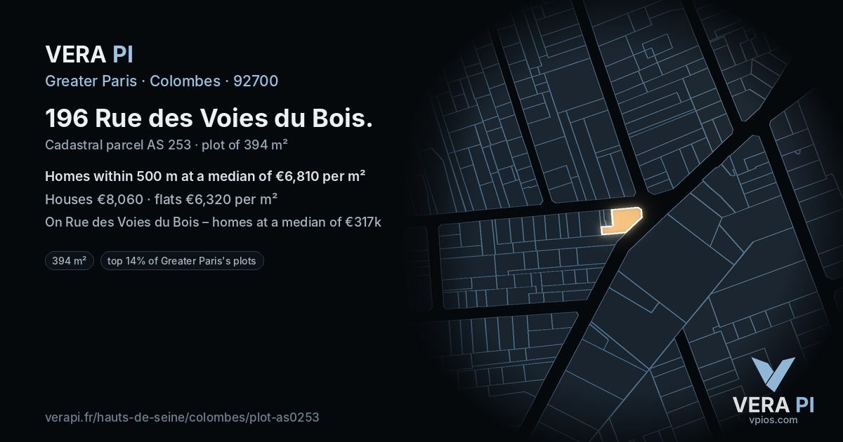 196 Rue des Voies du Bois, Colombes at night – the plot lit, the parcels around coloured by the prices near them