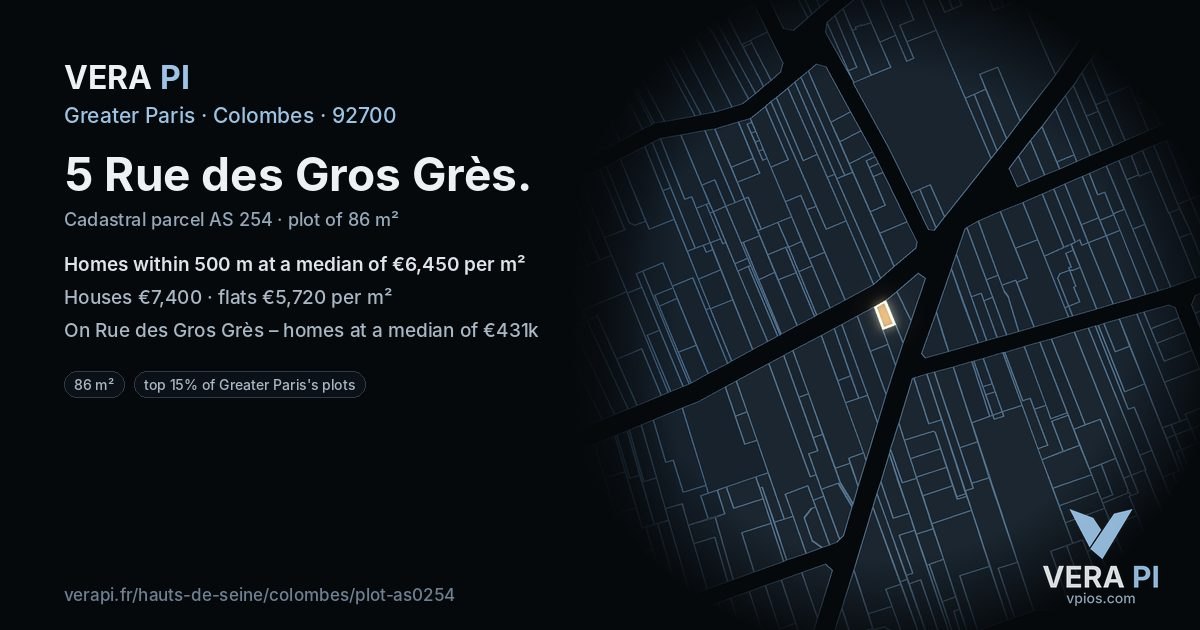 5 Rue des Gros Grès, Colombes at night – the plot lit, the parcels around coloured by the prices near them