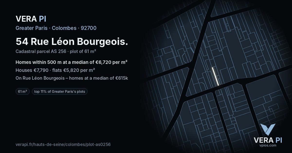 54 Rue Léon Bourgeois, Colombes at night – the plot lit, the parcels around coloured by the prices near them