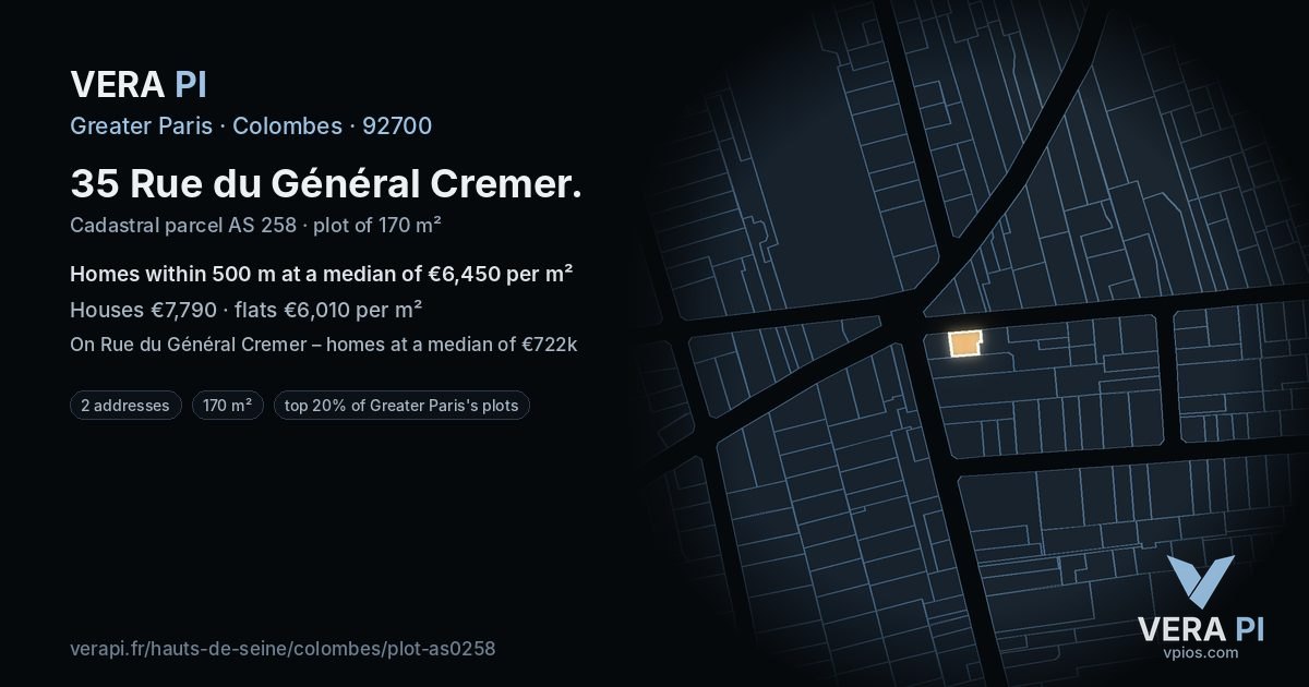 35 Rue du Général Cremer, Colombes at night – the plot lit, the parcels around coloured by the prices near them