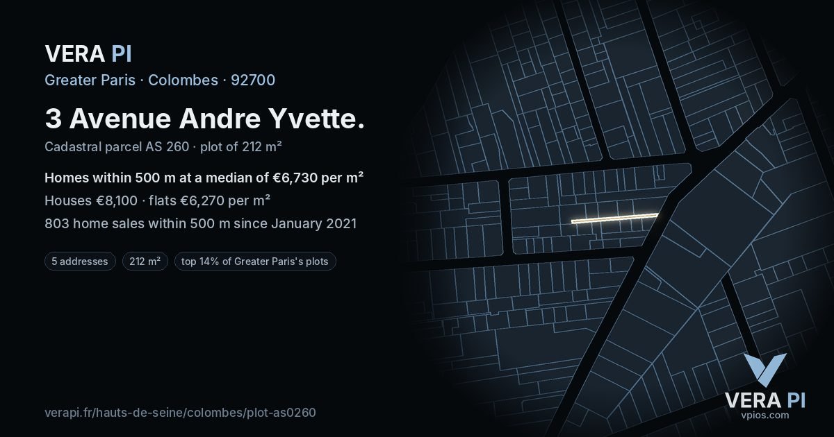 3 Avenue Andre Yvette, Colombes at night – the plot lit, the parcels around coloured by the prices near them
