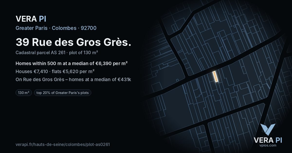 39 Rue des Gros Grès, Colombes at night – the plot lit, the parcels around coloured by the prices near them
