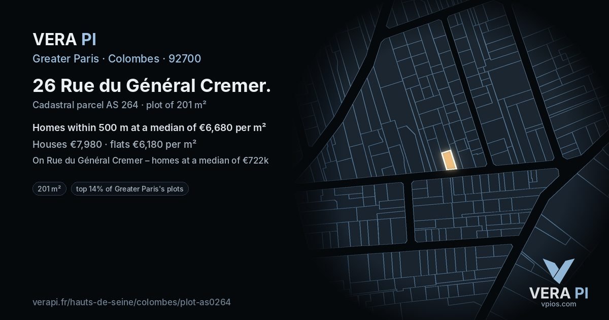 26 Rue du Général Cremer, Colombes at night – the plot lit, the parcels around coloured by the prices near them