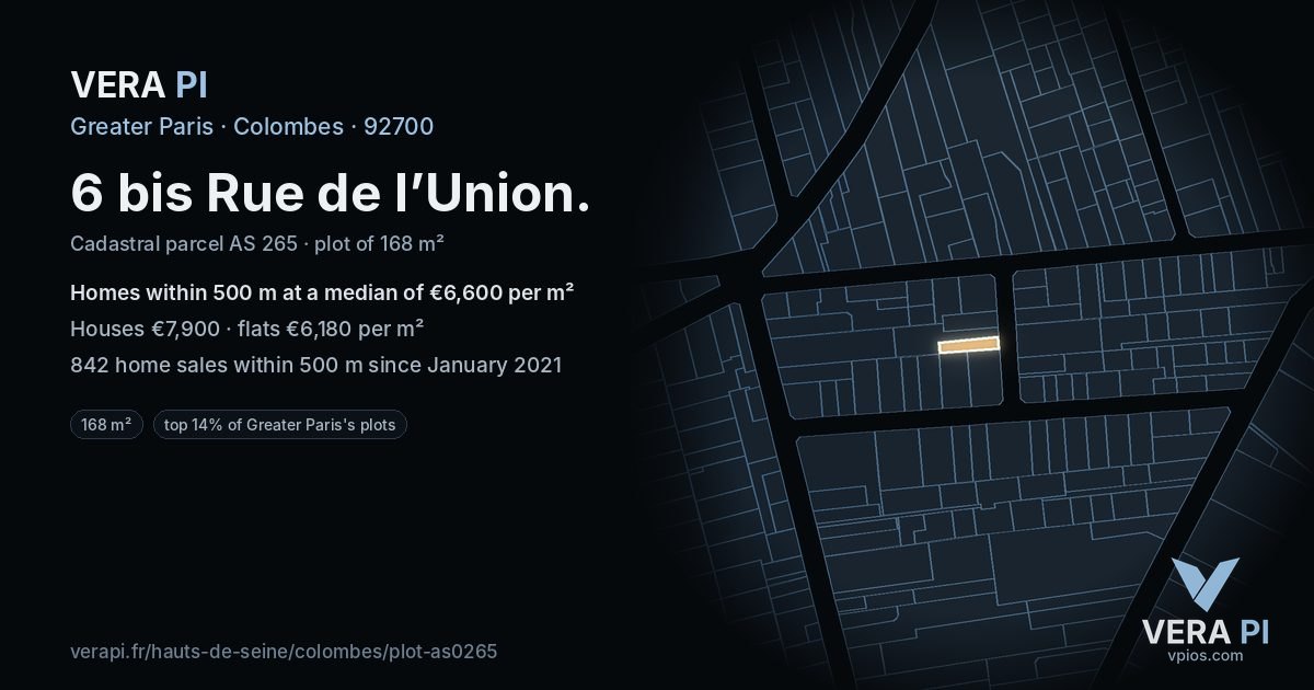 6 bis Rue de l’Union, Colombes at night – the plot lit, the parcels around coloured by the prices near them