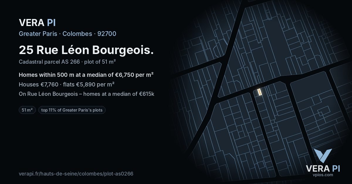 25 Rue Léon Bourgeois, Colombes at night – the plot lit, the parcels around coloured by the prices near them