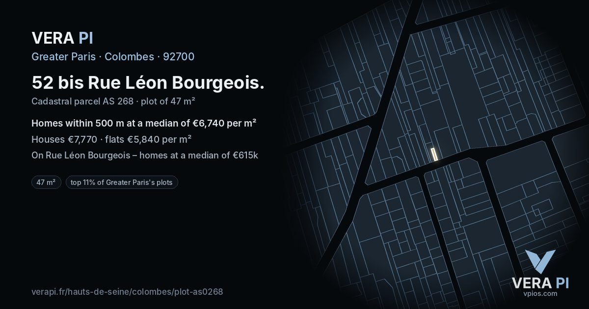 52 bis Rue Léon Bourgeois, Colombes at night – the plot lit, the parcels around coloured by the prices near them