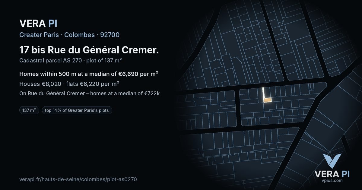 17 bis Rue du Général Cremer, Colombes at night – the plot lit, the parcels around coloured by the prices near them
