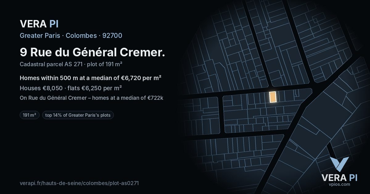 9 Rue du Général Cremer, Colombes at night – the plot lit, the parcels around coloured by the prices near them