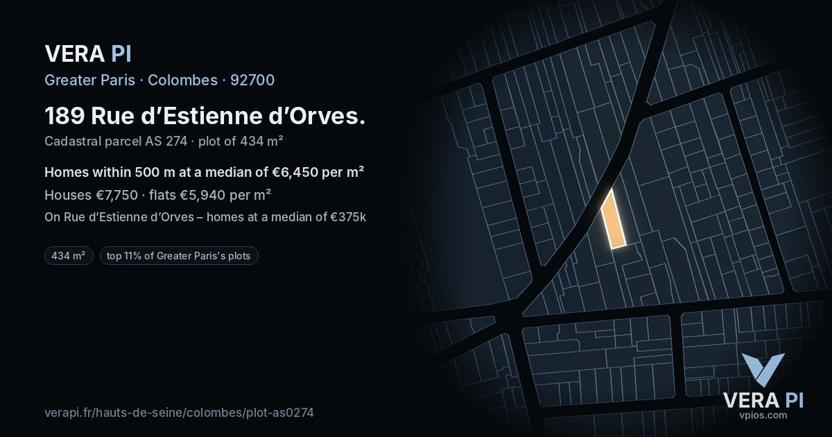 189 Rue d’Estienne d’Orves, Colombes at night – the plot lit, the parcels around coloured by the prices near them