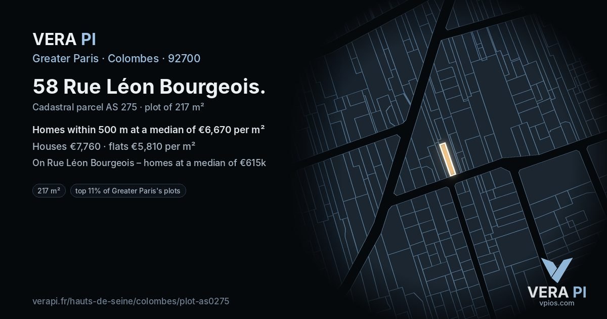 58 Rue Léon Bourgeois, Colombes at night – the plot lit, the parcels around coloured by the prices near them
