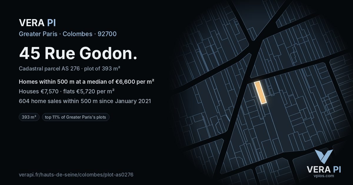 45 Rue Godon, Colombes at night – the plot lit, the parcels around coloured by the prices near them