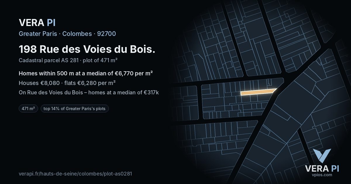 198 Rue des Voies du Bois, Colombes at night – the plot lit, the parcels around coloured by the prices near them