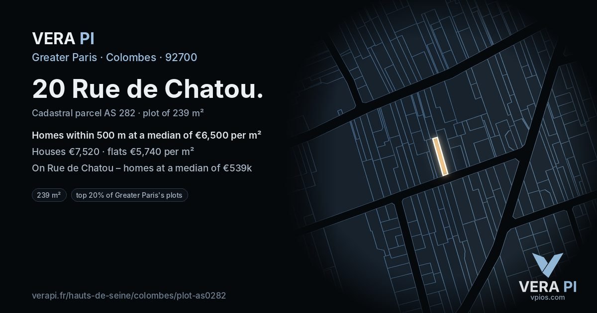 20 Rue de Chatou, Colombes at night – the plot lit, the parcels around coloured by the prices near them
