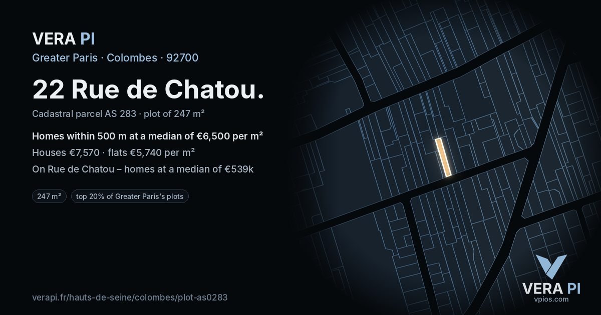 22 Rue de Chatou, Colombes at night – the plot lit, the parcels around coloured by the prices near them
