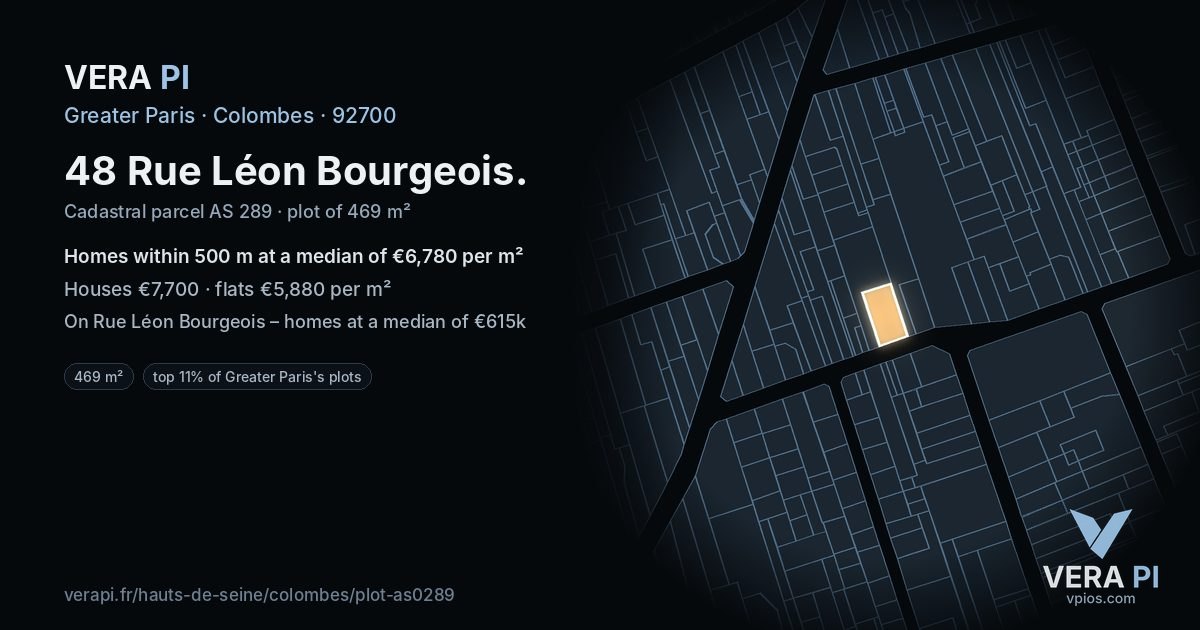 48 Rue Léon Bourgeois, Colombes at night – the plot lit, the parcels around coloured by the prices near them