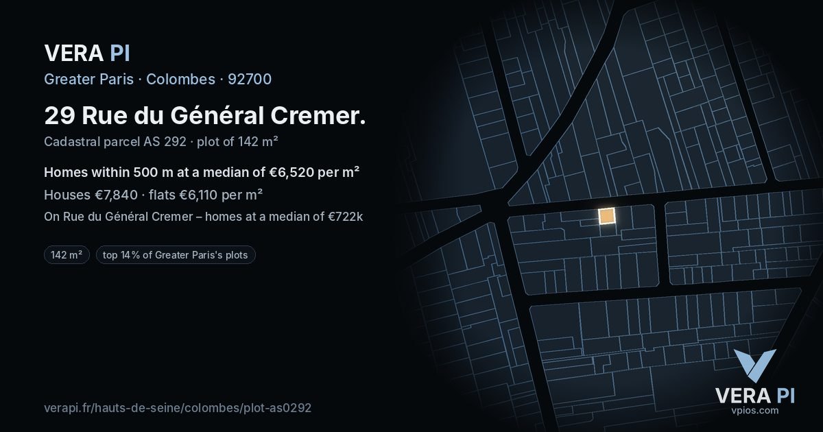 29 Rue du Général Cremer, Colombes at night – the plot lit, the parcels around coloured by the prices near them