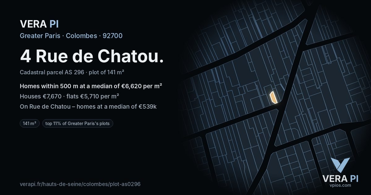 4 Rue de Chatou, Colombes at night – the plot lit, the parcels around coloured by the prices near them