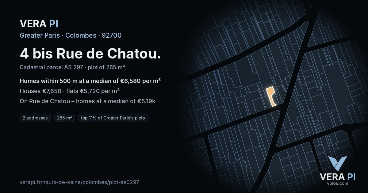 4 bis Rue de Chatou, Colombes at night – the plot lit, the parcels around coloured by the prices near them