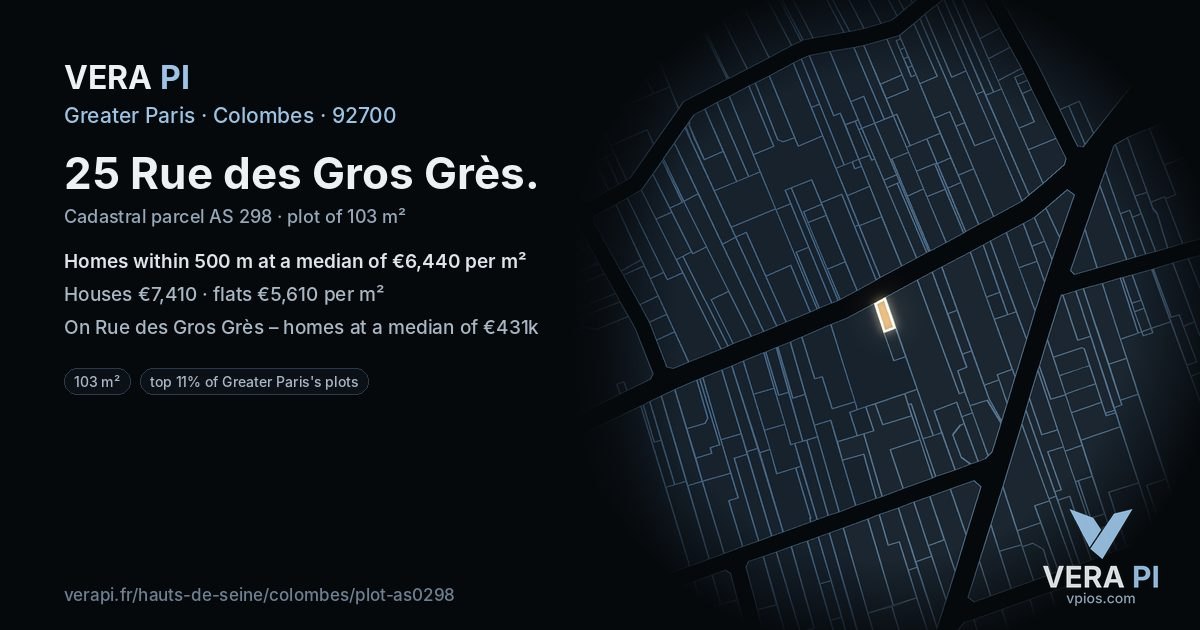 25 Rue des Gros Grès, Colombes at night – the plot lit, the parcels around coloured by the prices near them