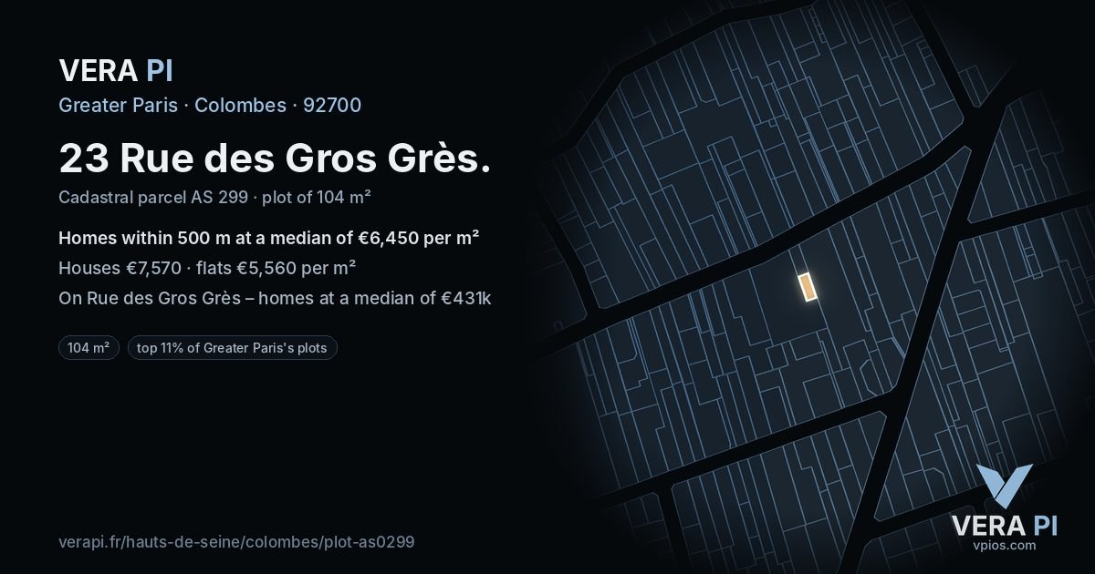 23 Rue des Gros Grès, Colombes at night – the plot lit, the parcels around coloured by the prices near them