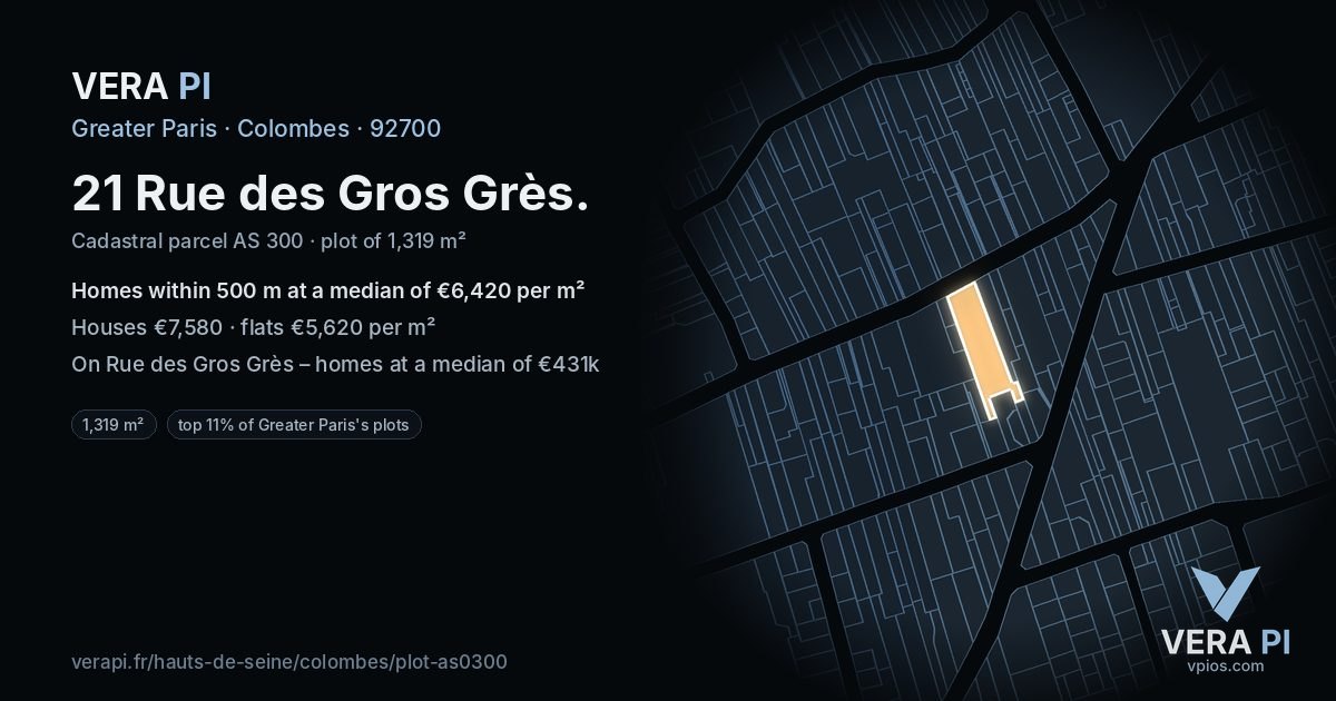 21 Rue des Gros Grès, Colombes at night – the plot lit, the parcels around coloured by the prices near them