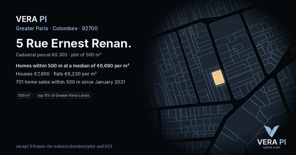 5 Rue Ernest Renan, Colombes at night – the plot lit, the parcels around coloured by the prices near them