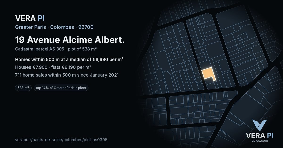 19 Avenue Alcime Albert, Colombes at night – the plot lit, the parcels around coloured by the prices near them