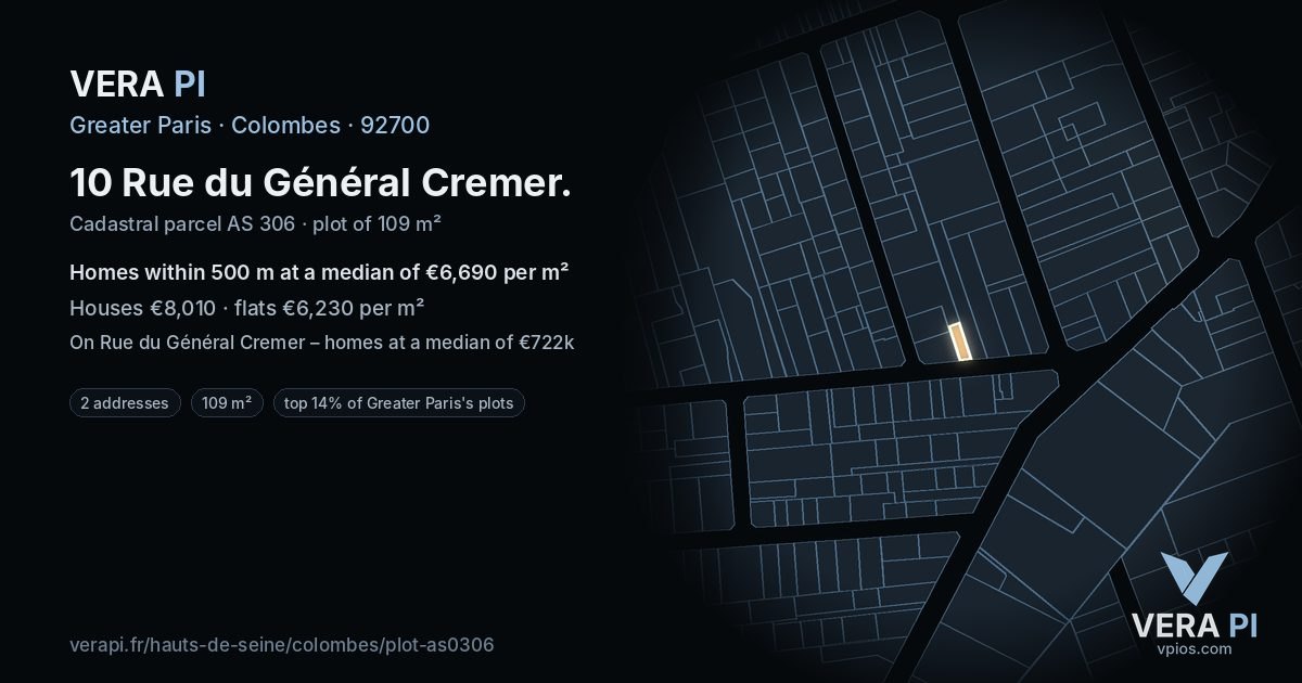 10 Rue du Général Cremer, Colombes at night – the plot lit, the parcels around coloured by the prices near them