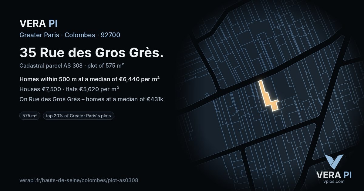 35 Rue des Gros Grès, Colombes at night – the plot lit, the parcels around coloured by the prices near them