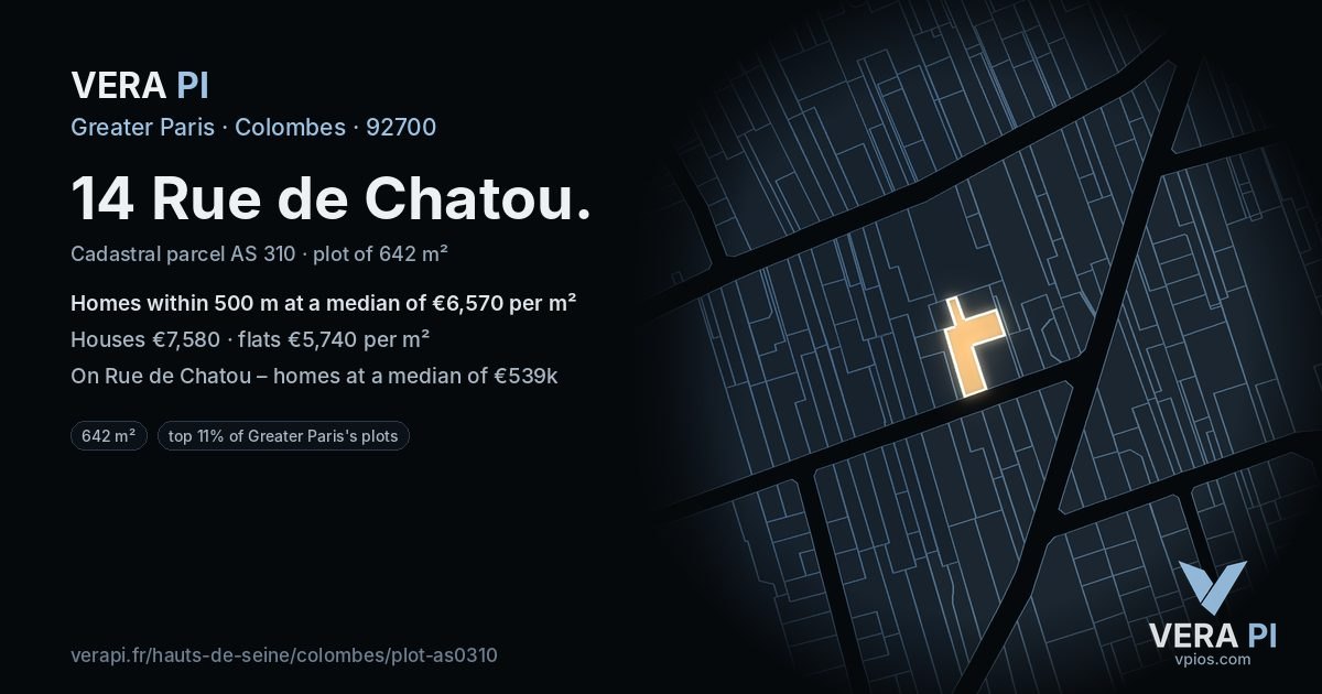 14 Rue de Chatou, Colombes at night – the plot lit, the parcels around coloured by the prices near them