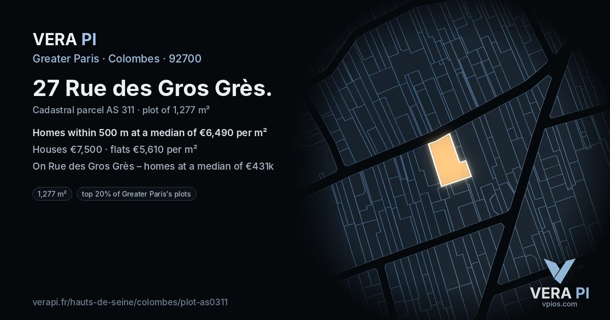 27 Rue des Gros Grès, Colombes at night – the plot lit, the parcels around coloured by the prices near them