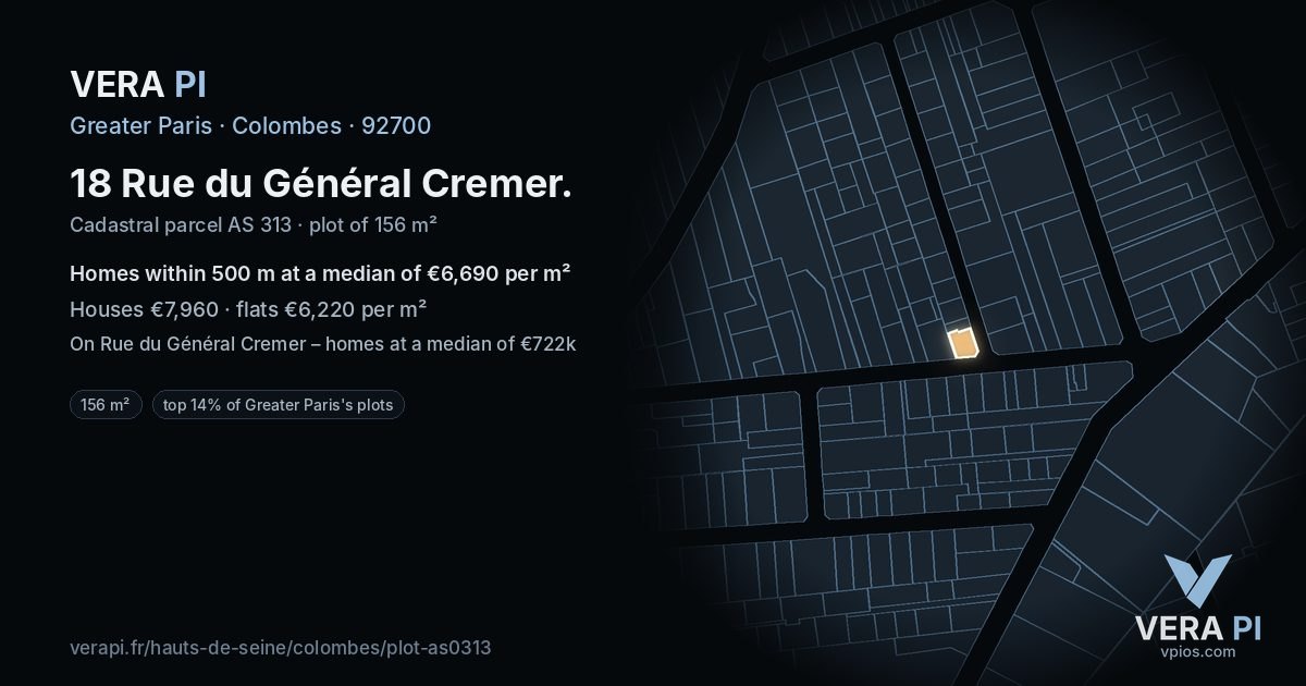 18 Rue du Général Cremer, Colombes at night – the plot lit, the parcels around coloured by the prices near them