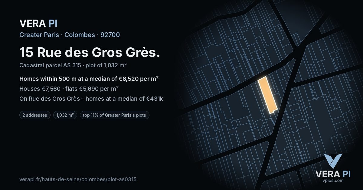 15 Rue des Gros Grès, Colombes at night – the plot lit, the parcels around coloured by the prices near them