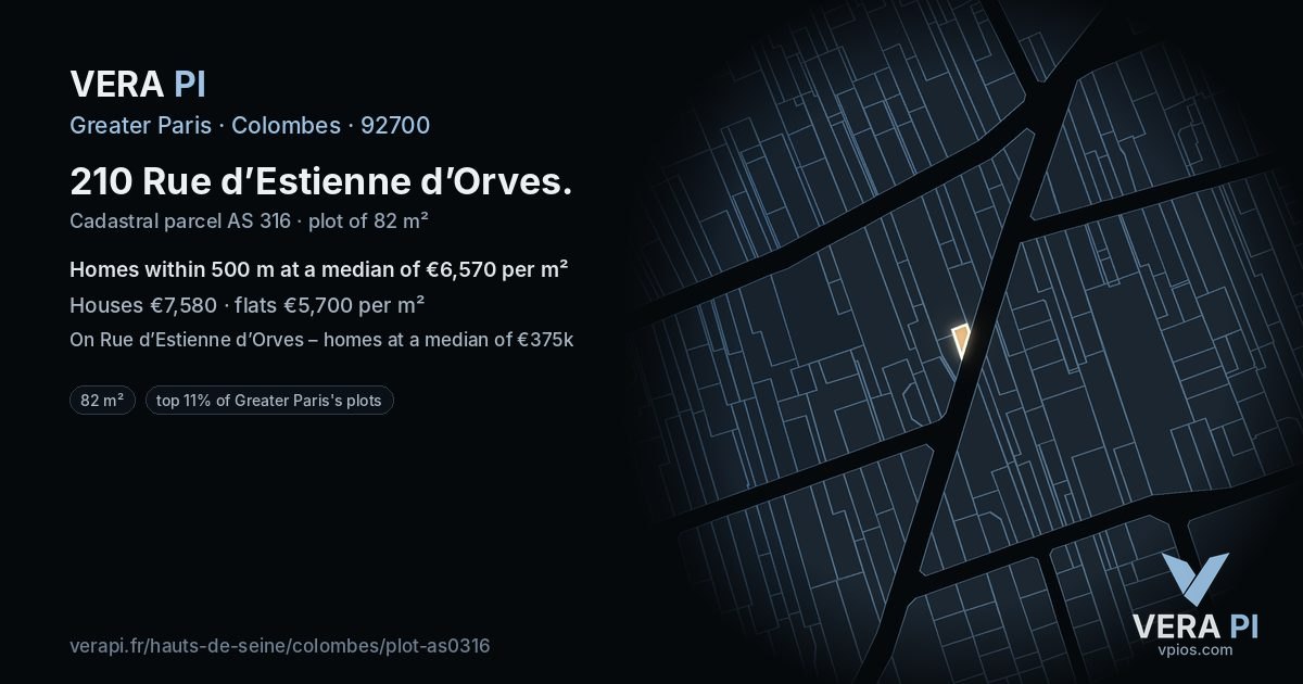 210 Rue d’Estienne d’Orves, Colombes at night – the plot lit, the parcels around coloured by the prices near them
