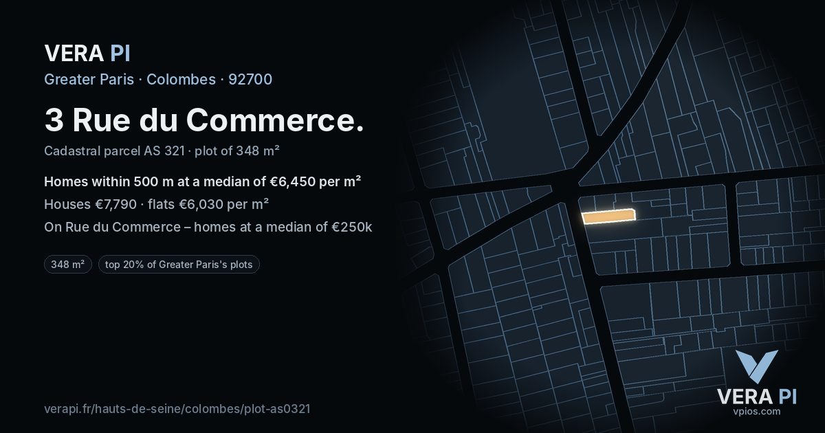 3 Rue du Commerce, Colombes at night – the plot lit, the parcels around coloured by the prices near them
