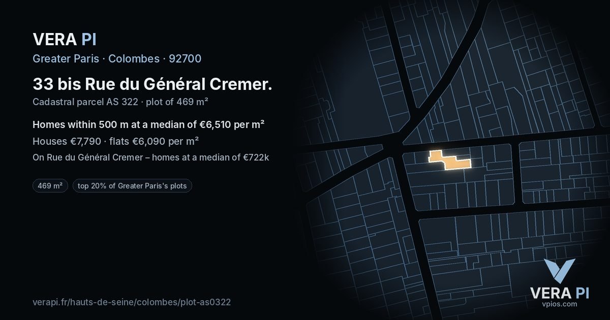 33 bis Rue du Général Cremer, Colombes at night – the plot lit, the parcels around coloured by the prices near them