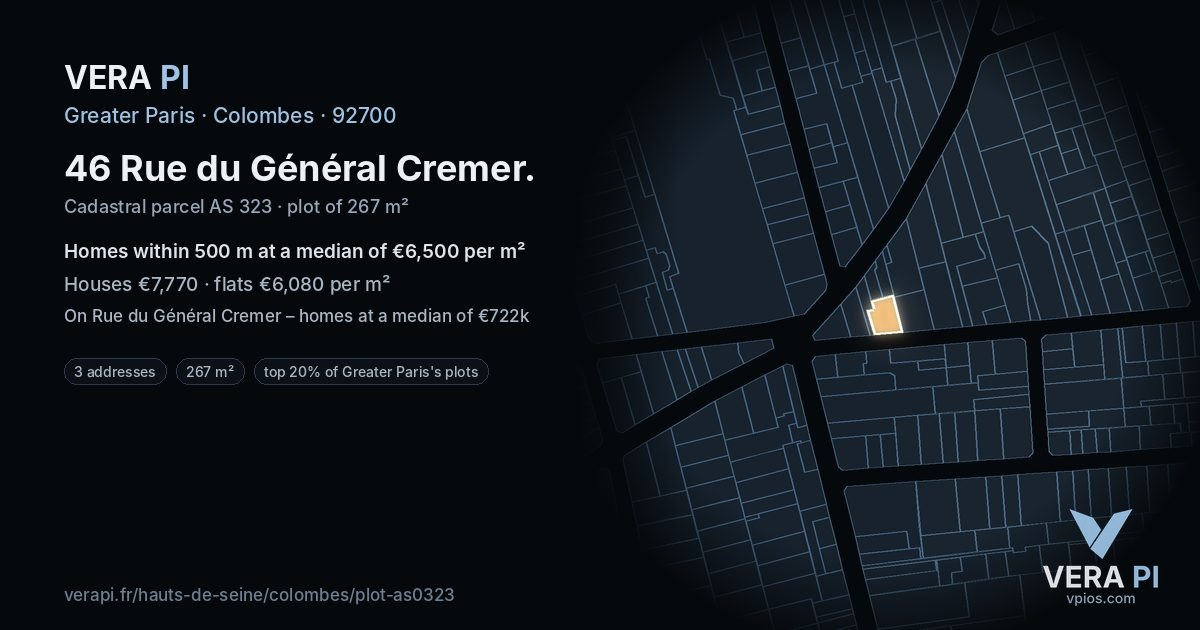 46 Rue du Général Cremer, Colombes at night – the plot lit, the parcels around coloured by the prices near them