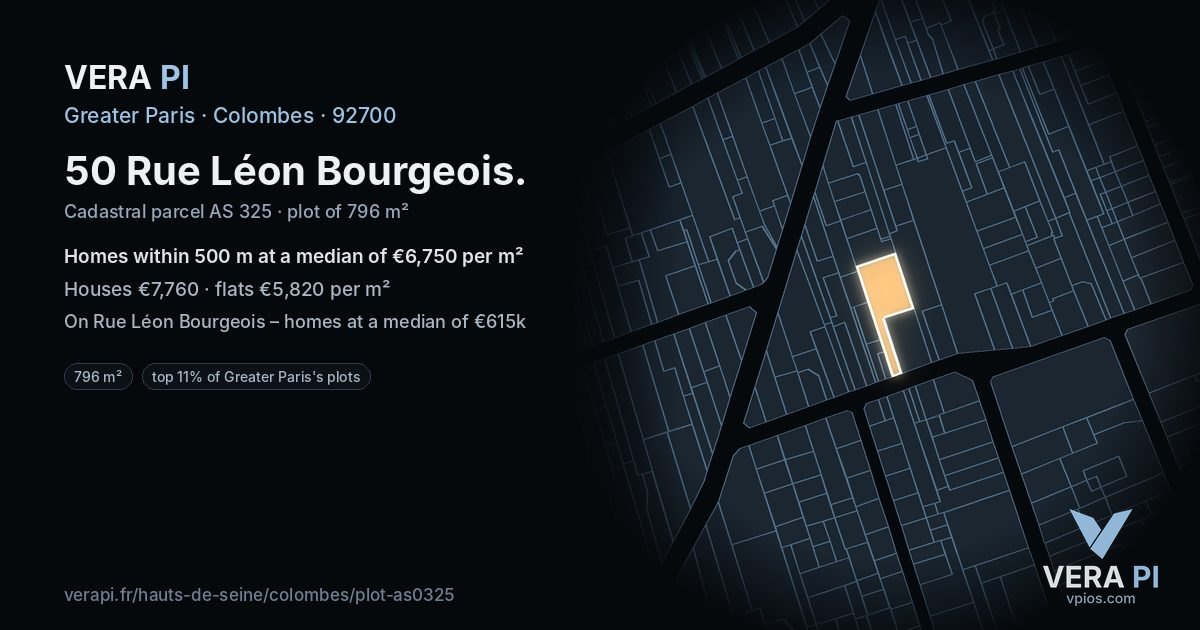 50 Rue Léon Bourgeois, Colombes at night – the plot lit, the parcels around coloured by the prices near them
