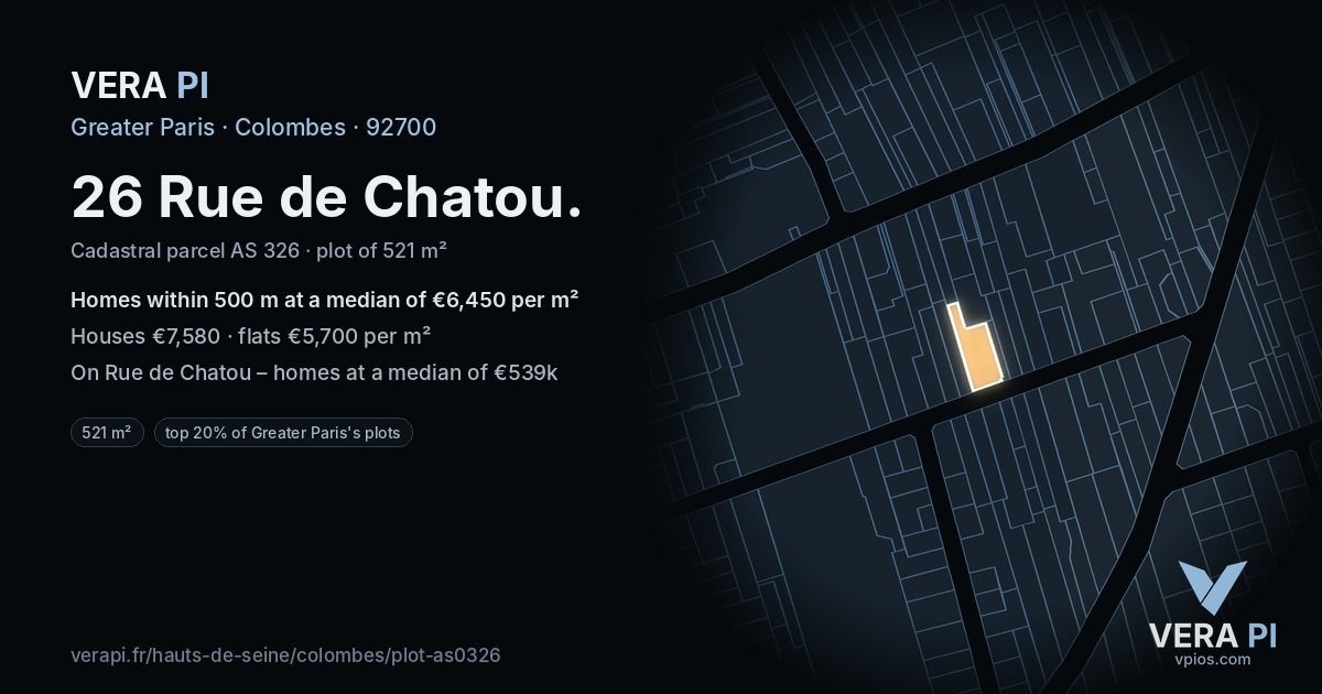 26 Rue de Chatou, Colombes at night – the plot lit, the parcels around coloured by the prices near them